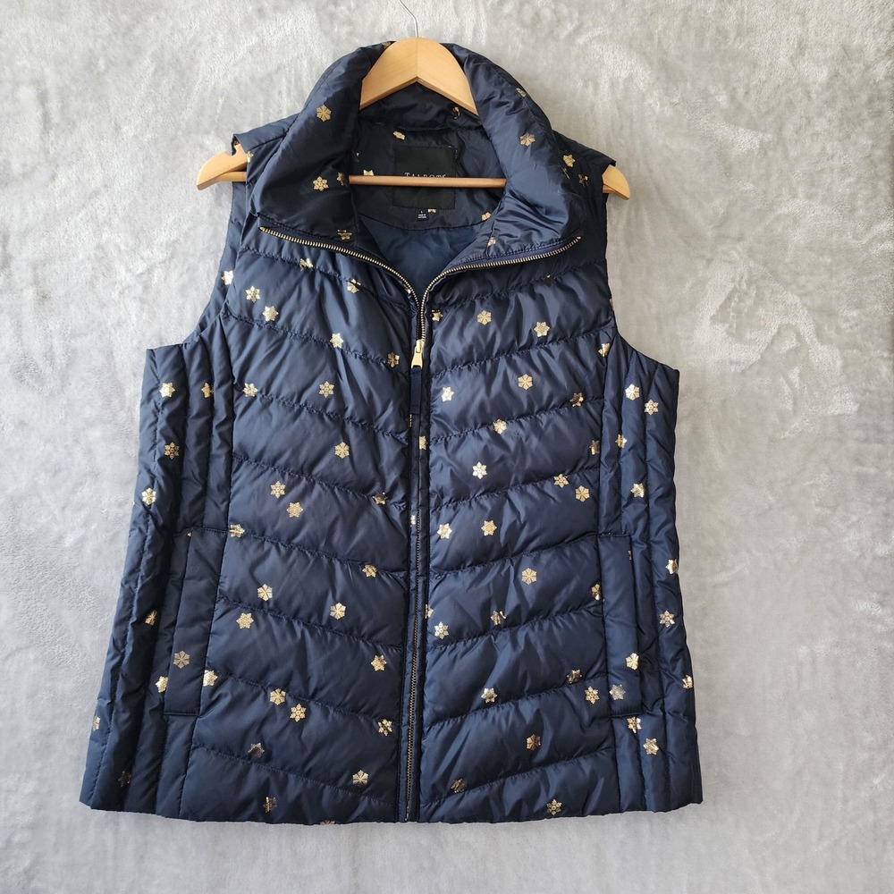 Talbots Puffer Vest Womens Size Large Down Fill Navy Blue Gold Snowflake Pockets